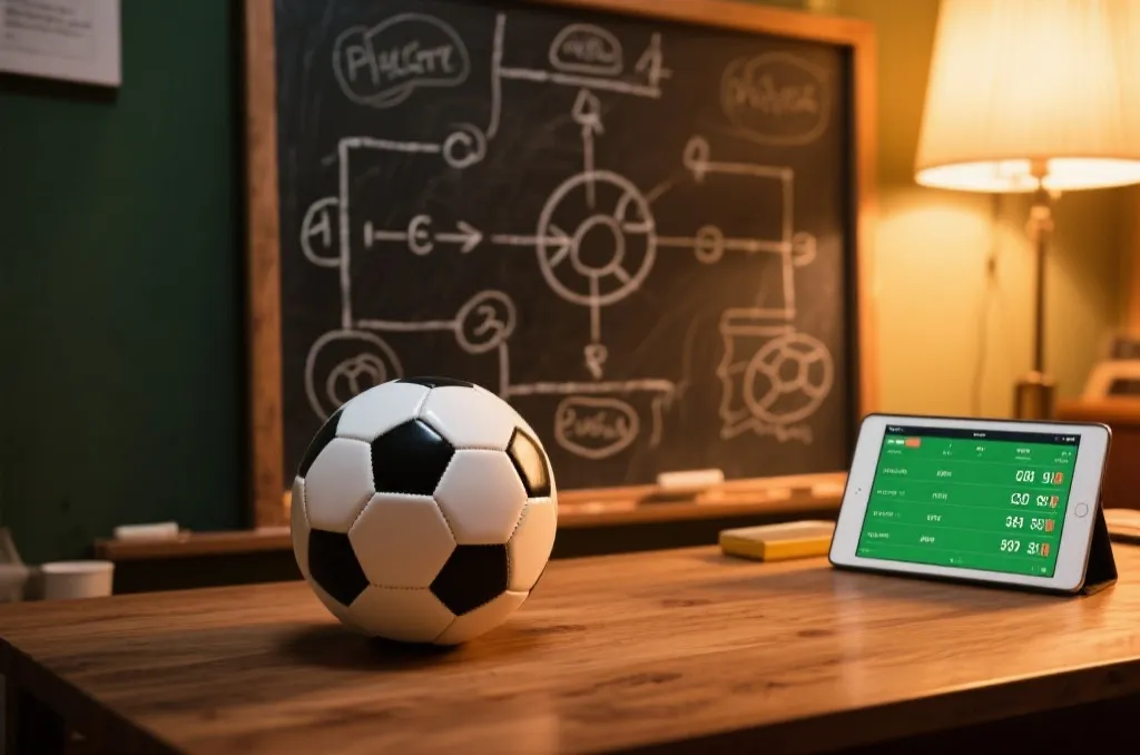 Tactical chalkboard with soccer strategy diagrams, soccer ball on a wooden desk next to a tablet showing general match statistics