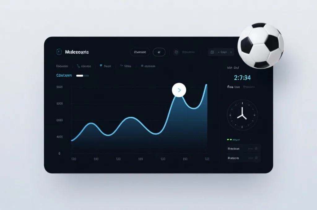 An abstract data visualization chart showing fluctuating lines, soccer ball icon, a digital clock counting down, clean modern dashboard aesthetic